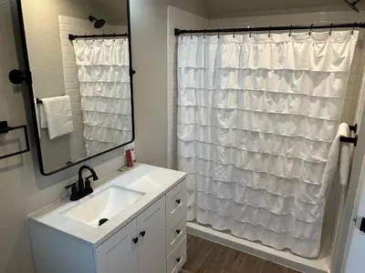 a bathroom with a sink and a shower curtain at Adorable One Bedroom Cottage in Oakdale