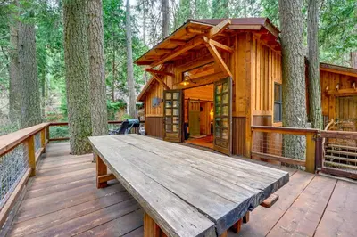a wooden deck with a bench and a cabin in the woods at Creekside Cabin about 20 Mi to Kings Canyon Park! in Badger