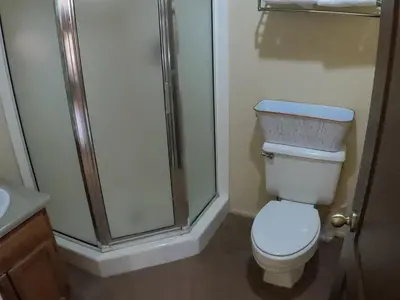 a bathroom with a shower and a white toilet at Rr-edgewater13 in June Lake
