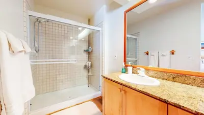 a bathroom with a sink and a shower at Snowcreek V #784 condo in Mammoth Lakes