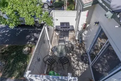 an overhead view of a patio with a table and chairs at Rosenberg Slide Creek Reduced Nightly Rate in Bass Lake