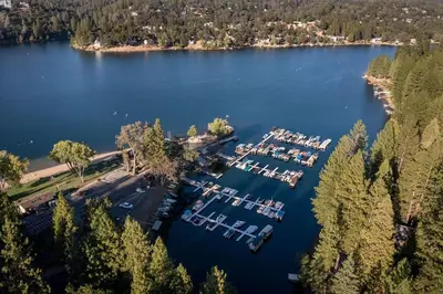 an aerial view of a marina on a lake at Marina Beach Lodge - Lakefront Home on Beach! home in Groveland
