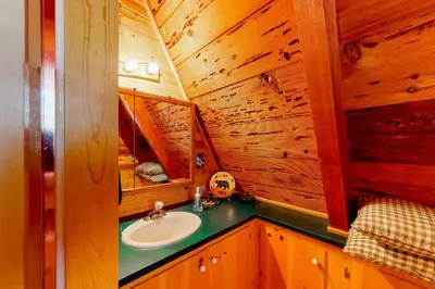 a bathroom with a sink in a wooden cabin at The Regal Bear in Homewood