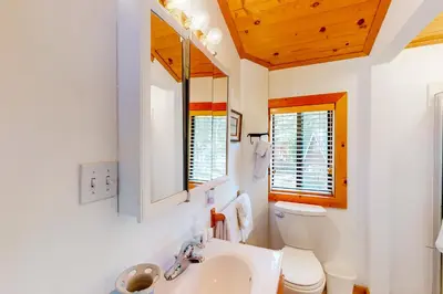 a white bathroom with a sink and a toilet at The Regal Bear in Homewood