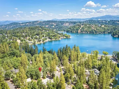 an aerial view of a lake with trees at Marina Beach Cabin - Dog-Friendly Home with Deck! home in Groveland
