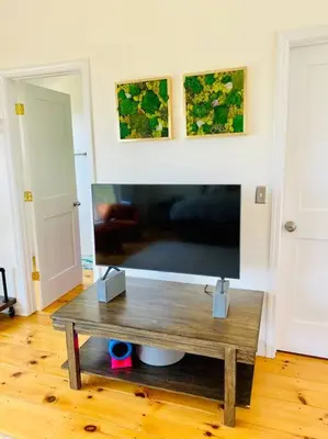 a large flat screen tv sitting on top of a wooden table at Modern House on 5 acr in Sequoia National Forest in Panorama Heights