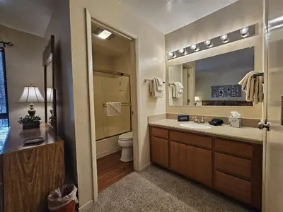 a bathroom with a sink and a toilet and a mirror at Pinenut Place home in Incline Village