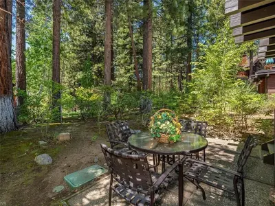 a patio with a table and chairs in the woods at Third Creek Comfort townhouse in Incline Village