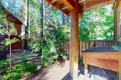 a screened in porch of a house with trees at Kings Beach Retreat in Kings Beach