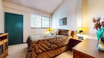 a bedroom with a bed and a green door at Summit #232 condo in Mammoth Lakes