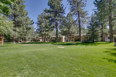a large yard in front of a house with trees at Mammoth Lakes Vacation Rental 1 Mi to Ski Area! in Mammoth Lakes