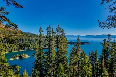 an island in the middle of a lake surrounded by trees at Hounds of Aspen in South Lake Tahoe