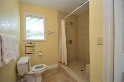 a bathroom with a toilet and a shower at King- Lake Area in Bass Lake