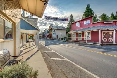 an empty street in a small town with buildings at The Lake Haus in Groveland