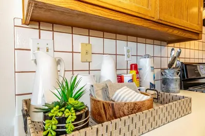 a kitchen counter with a dish drying rack with dishes at Yosemite Cowboy Cabin in Oakhurst