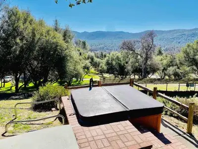 a ping pong table in a park with trees at Black Bear Suite Hot Tub Sleeps 4 affordable in Oakhurst