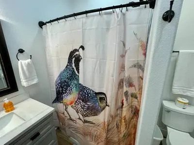 a bathroom with a peacock shower curtain in a bathroom at Quail Suite HOT TUB BBQ Sleeps 2 in Ahwahnee