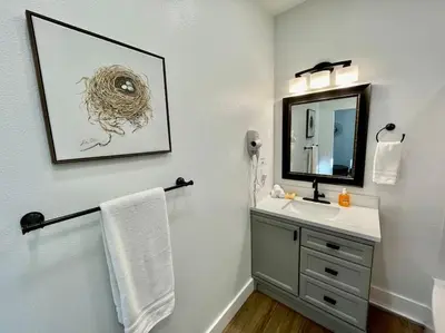a bathroom with a sink and a mirror at Quail Suite HOT TUB BBQ Sleeps 2 in Ahwahnee