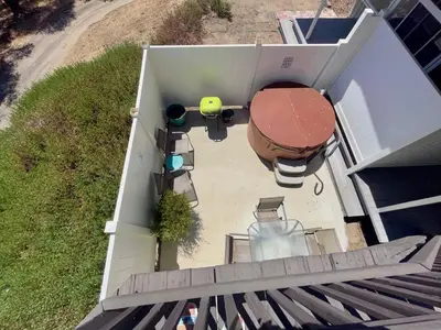 an overhead view of a basketball hoop on a house at Squirrel View Hot tub BBQ Patio Shuffle Board in Oakhurst