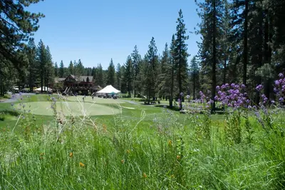 a golf course with a field of grass and purple flowers at 5 Mi to Donner Lake Cabin with Deck and Pool Access! in Truckee