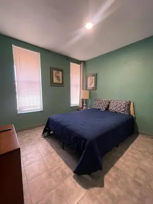 a bedroom with a blue bed and green walls at Fresno Vacation Rental 106 in Fresno