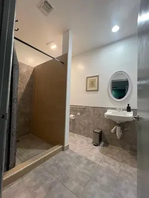 a bathroom with a shower and a sink and a mirror at Fresno Vacation Rental 106 in Fresno