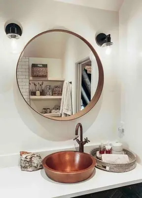 a bathroom with a copper sink and a mirror at Mid Century Modern Cabin - The Tahoe A-Frame in Homewood