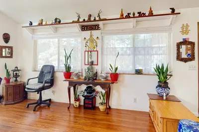 a home office with a desk and a chair at Zen Amongst the Trees in Truckee