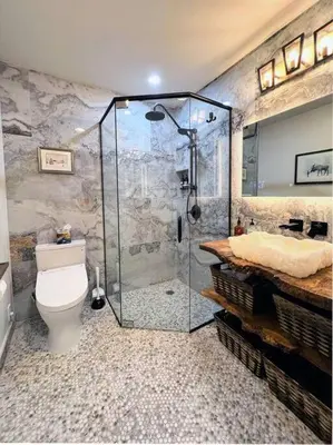 a bathroom with a shower and a toilet at Gondola Chalet -New Luxury 5 Bdrm Condo @ Canyon Lodge, Steam Room in Mammoth Lakes