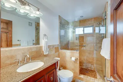 a bathroom with a sink and a shower at Hike, Boat and Ski South Lake Tahoe Home in South Lake Tahoe