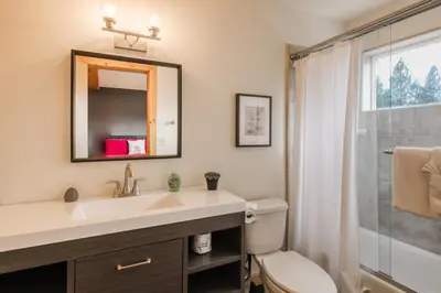 a bathroom with a sink and a shower at The Modern Moose Lodge in Truckee