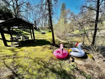 three toy flamingos sitting in the grass next to a bench at Creekside Suite Sleeps 2 Creek frontage Bbq in Oakhurst