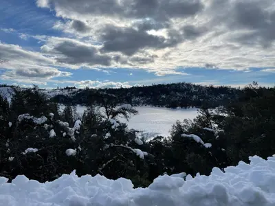a view of a snow covered field and trees at Stewart Chalet @ Yosemite/Bass Lake in Bass Lake