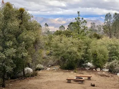a picnic table and bench in the middle of a field at Shirley Creek Retreat: a Mountain Oasis in Wofford Heights