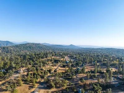 an aerial view of a forest with mountains in the background at Manzanita Rest in Mariposa