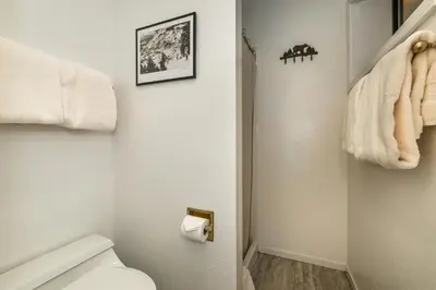 a bathroom with a toilet and a picture on the wall at Donner Lake Inn in Truckee