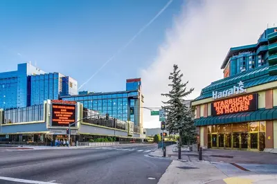 an empty street in a city with tall buildings at Lakeland Village South Lake Tahoe in South Lake Tahoe