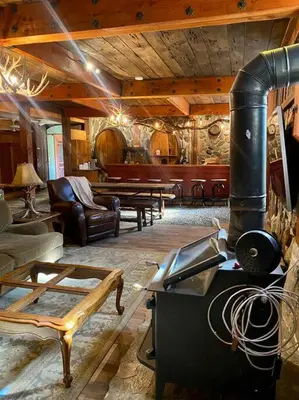 a living room with a wood stove in a room at Vintage 1857~Stone & Beam Cellar in Amador City