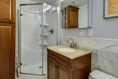 a bathroom with a sink and a shower at Spacious Reno Vacation Rental about 3 Mi to MidTown! in Reno