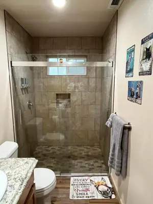 a bathroom with a shower and a toilet at Wonky Donkey Den 30 mi to Yosemite Arch Entrance in Mariposa
