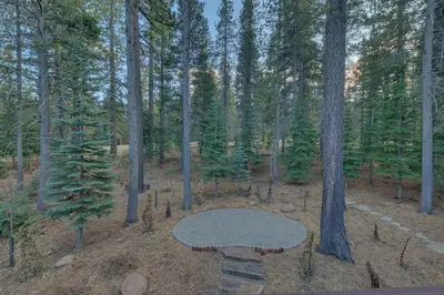a picnic table in the middle of a forest at Dogwood Place by Tahoe Getaways - 3BR Pet-Friendly Tahoe Donner Home w Hot Tub, Pool Table, Wood Fireplace & HOA Amenities in Truckee