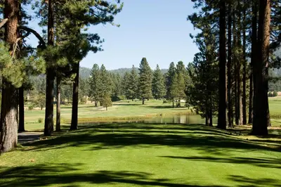 a view of a golf course with trees at Powder Run - Newly Built Palisades 3 Bedroom Townhome - Minutes to Village in Olympic Valley