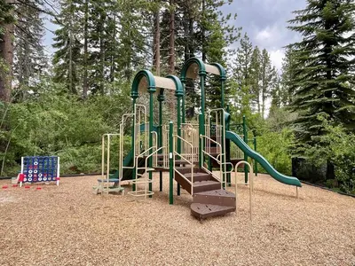 a playground with a slide in a park at Ponderosa Pines - Custom 3 BR - Pet Friendly Private Hot Tub - Ski Shuttle in Truckee