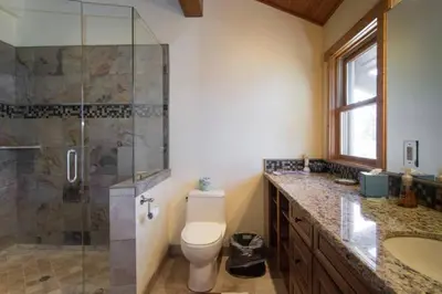 a bathroom with a toilet and a shower and a sink at Water's Edge Lakefront- Buoy, Private Pier in Tahoe City