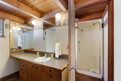 a bathroom with a sink and a shower at Snowy Paws - Pet Friendly - Alpine Meadows - Amazing views, close to slopes in Olympic Valley