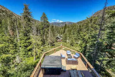 an aerial view of a deck in the woods at Eagles Nest by Tahoe Getaways - Pet Friendly with Hot Tub, Pool Table & Shuttle to Slopes in Olympic Valley