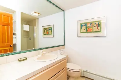 a bathroom with a sink and a toilet and a mirror at 107 McCloud - Highly Sought After Complex in Incline Village