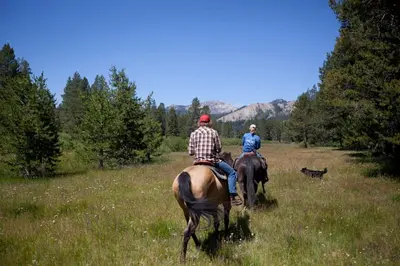 two people riding horses in a field with a dog at Ski View at Tahoe Donner - Stunning 4 BR w Private Hot Tub - HOA Amenities in Truckee