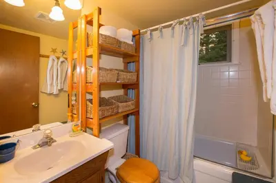 a bathroom with a sink and a toilet and a shower at Ward Creek Retreat - Cozy Old Tahoe Cabin w Short Drive to Ski Resorts Pet Friendly in Tahoe City