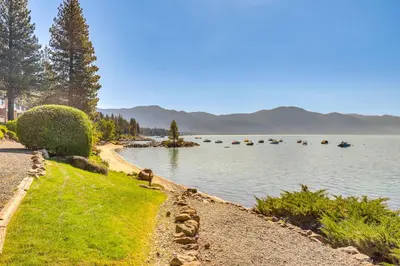 a body of water with mountains in the background at Lake Tahoe Gem with Furnished Deck and Water Views! in Incline Village
